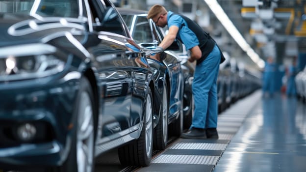 A man is busy working on a car in a factory, inspecting tires, wheels, and automotive lighting for the vehicle's assembly. AIG41
