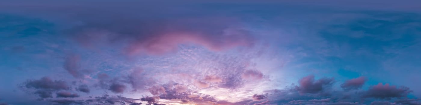 Dramatic Sunset sky 360 panorama. Vibrant sky with bright glowing red pink Cumulus clouds. HDR 360 seamless spherical panorama. Sky dome for aerial drone panoramas. Climate and weather change