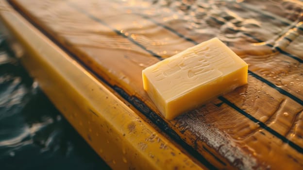 A bar of soap rests on a wooden surfboard made of hardwood, creating a contrast between the natural ingredients of the beach landscape and the manufactured wood material AIG50