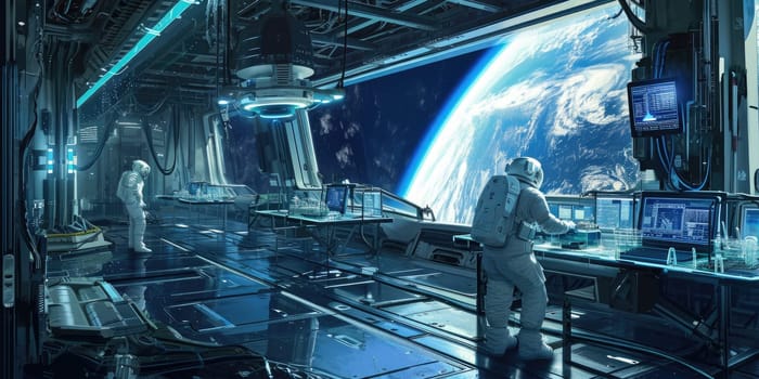 A high-tech laboratory on a space station, futuristic technology, astronauts conducting experiments, a view of Earth from space. Resplendent.