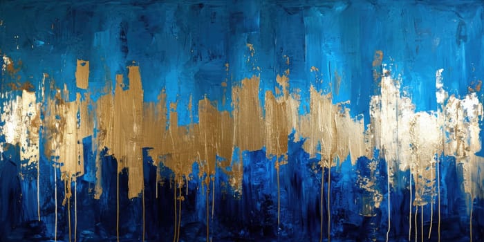 The abstract picture of the gold, blue and black colour that has been painted or splashed on the white blank background wallpaper to form random shape that cannot be describe yet beautiful. AIGX01.