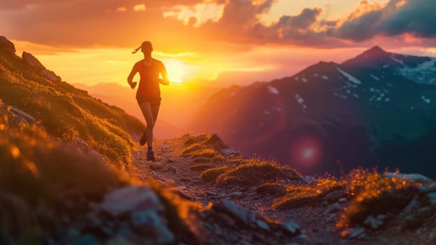 A solitary runner takes on a mountain trail at sunset, embodying the spirit of endurance and the pursuit of personal fitness goals. AIG41