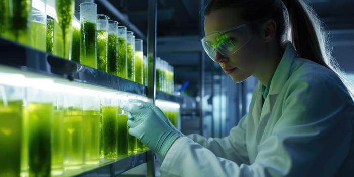 Professional environmental engineer inspect seaweed or bio fuel sample at laboratory. Attractive scientist checking and doing experiment with algae or seaweed while wearing lab coat. Science. AIG42.