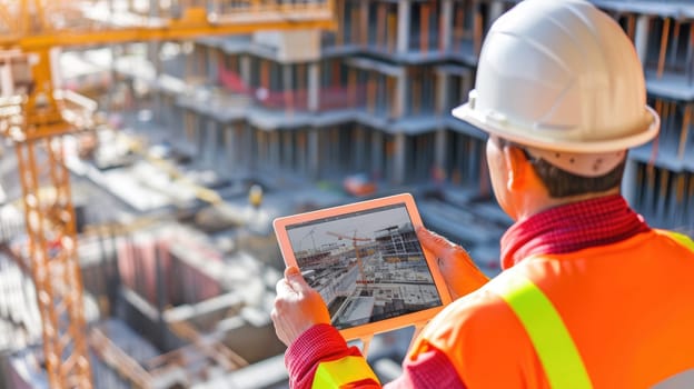 Back view of professional civil engineer holding tablet with building construction while wearing safety helmet. Construction manager looking and planning at house structure at building site. AIG42.