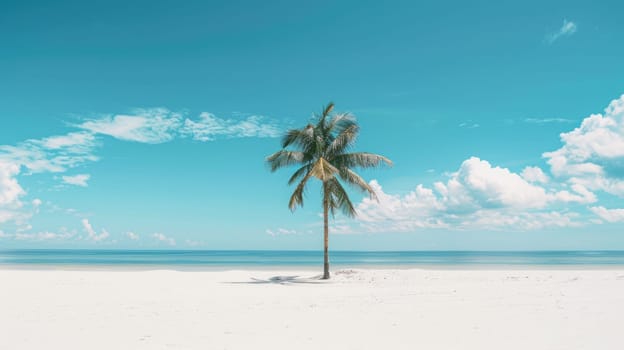 A palm tree stands on the sandy beach near the vast ocean, under a clear blue sky with fluffy clouds, adding to the beautiful coastal natural landscape AIG50