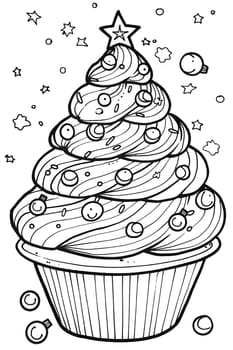 A monochromatic illustration of a cupcake designed as a Christmas tree, created using lines and patterns. The artwork is in black and white, resembling a painting