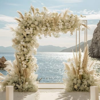 A wooden wedding arch adorned with white flowers and pampas grass, set against the azure sky and ocean, creating a stunning natural landscape art