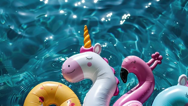 Colorful floats are drifting in the aqua water of a swimming pool, creating a vibrant and lively scene amidst the natural green landscape for leisurely activities AIG50