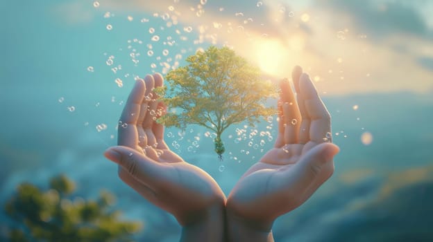 Conceptual image of a tree flourishing from soil held in human hands, symbolizing growth and environmental care. AIG41