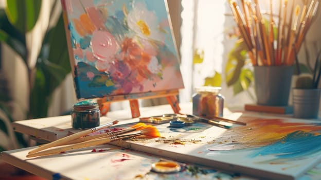 A closeup of an art event featuring a painting with brushes, orange paint, and a plant on a table, showcasing tints and shades in a beautiful pattern AIG50