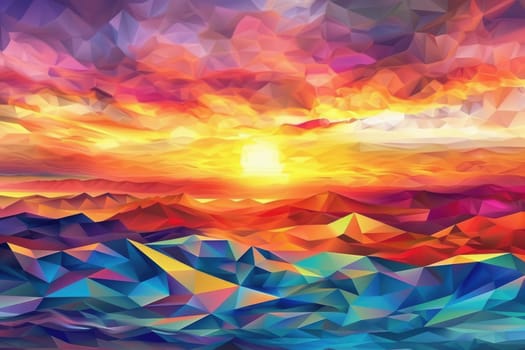 Abstract background landscape with mountain with vibrant sunset view. Colorful sunset over a mountain range. Colors range from deep blue in lighter shades of blue and purple further back. AIG42.