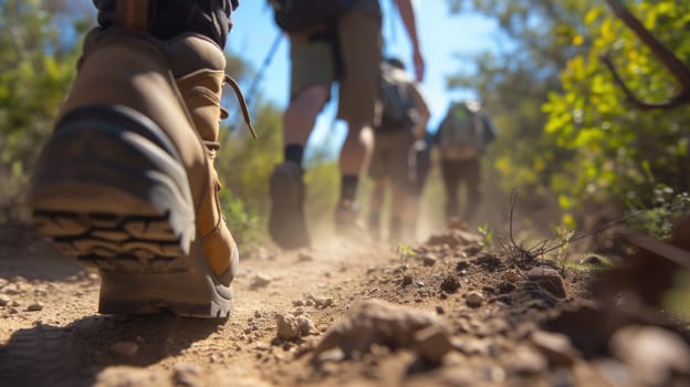 A person with hiking boots explores the natural landscape of a forest, walking along a woodland path. The vibrant electric blue sky complements the lush green scenery. AIG41