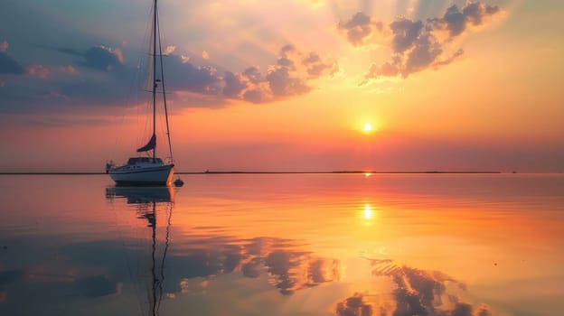 A sailboat glides gracefully on the calm waters of a lake as the sun sets, casting a warm afterglow over the tranquil scene AIG50