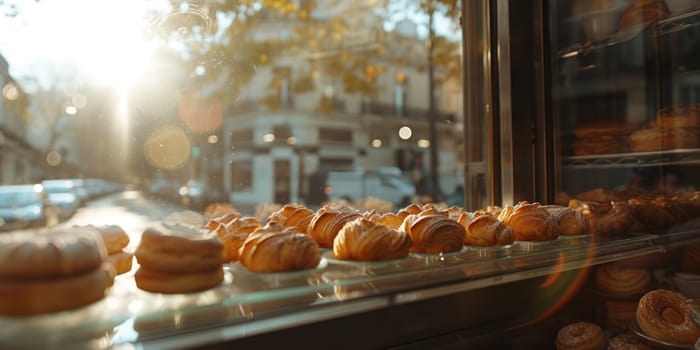 Freshly baked bread placed on shelf with blurred background at bakery. Image of a row of loaves of bread sitting on a wooden table. The bread appear to be sourdough bread with crispy texture. AIG42.