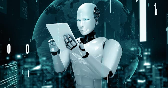 MLP 3d illustration Futuristic robot artificial intelligence huminoid AI programming coding technology development and machine learning concept. Robotic bionic science research for future of human life. 3D rendering.