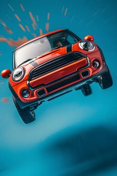 A red car with automotive lighting is soaring through the sky against a blue backdrop, showcasing its sleek automotive design and vibrant paint job