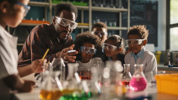 A fun event is taking place in a lab where a group of children are conducting a science experiment, using tableware, drinkware, bottles, and sharing non-alcoholic beverages. AIG41
