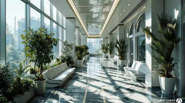 The great long hallway inside the architecture that similar to the hospital with the green tree and the white bench that stay on the white marble floor that reflect light in the bright day. AIGX03.