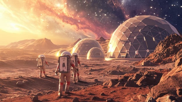 Futuristic Martian spaceport with advanced spacecraft and rocky terrain. Resplendent.