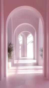 A building with a pink hallway featuring arches, potted plants, and purple tints. The wood ceiling adds symmetry and art with columns and a tree