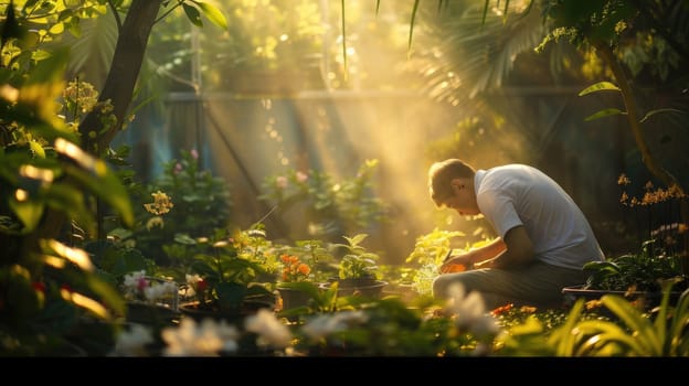 Professional gardener taking care for tree and plant in garden with golden sun ray shine under the tree surrounded colorful flower. Skilled plant scientist or happy people looking after flower. AIG42.