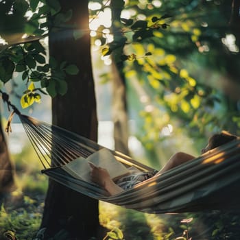 Relaxing in a hammock, surrounded by the tranquil landscape of trees and grass, a person enjoys leisurely reading a book under the shade of a terrestrial plant AIG50