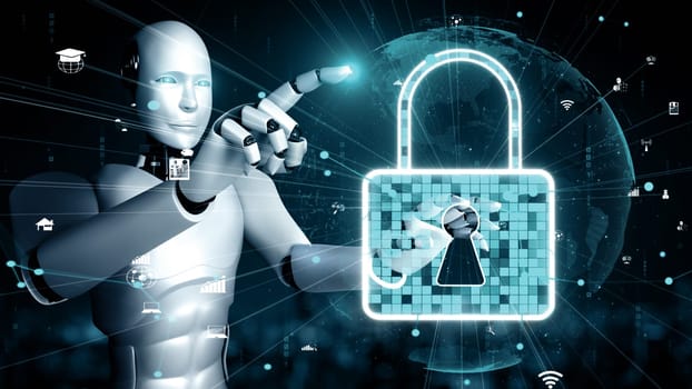 MLP 3d illustration AI robot huminoid uses cloud computing technology to store data on online server. Futuristic concept of cloud information storage analyzed by machine learning process. 3D rendering.