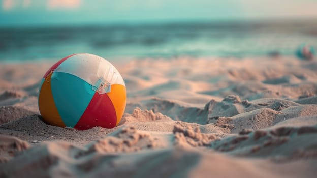 An electric blue beach ball rests on the sandy shore, adding a pop of color to the natural landscape surrounded by grass and soil. A fun fashion accessory for beach recreation AIG50