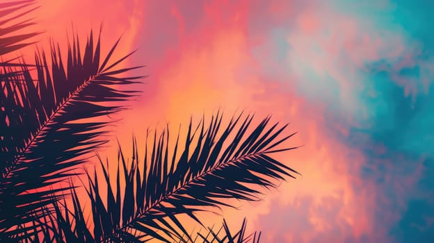 The silhouette of a palm trees leaves against the sunset sky creates a stunning landscape. This closeup view highlights the beauty of this terrestrial plant in the Arecales order AIG50