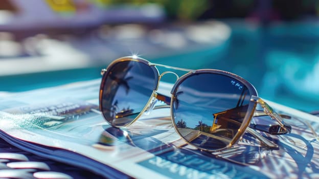 A pair of eyewear rests on top of an open magazine by the azure pool, reflecting the electric blue water. A scene of leisure and relaxation by the fluid aqua AIG50