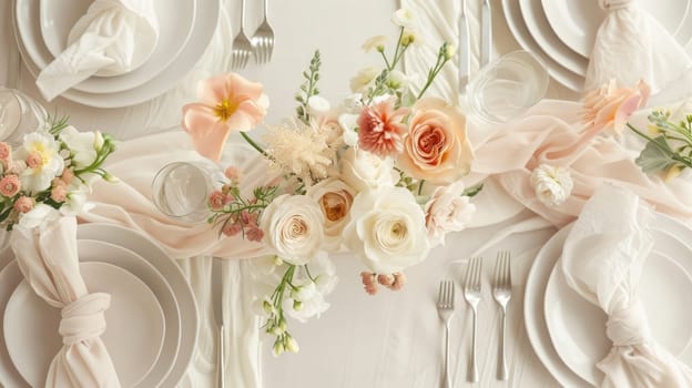 A beautifully arranged table featuring plates, silverware, and a stunning centerpiece of flowers including roses. The peachcolored petals add a touch of elegance to the creative arts display AIG50