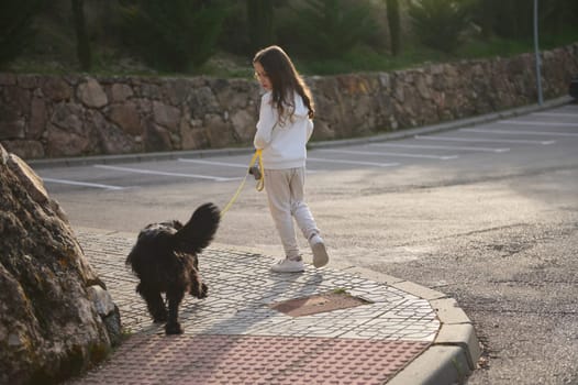 Full length portrait of a Caucasian beautiful little child girl in sportswear, walking her dog on leash on the street outdoors. People and animals. Playing pets concept