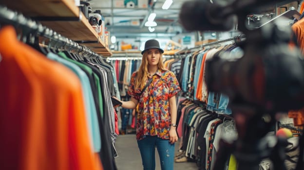A customer is viewing outerwear in a retail clothing store in the city, exploring different options for her wardrobe. AIG41