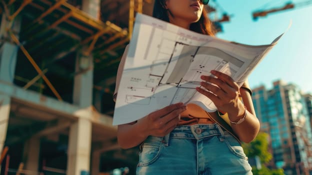 A woman is examining a blueprint outside an Azure tower block under construction. She seems to be planning a fun event at the condominium with a leisurely vibe and stylish facade AIG50