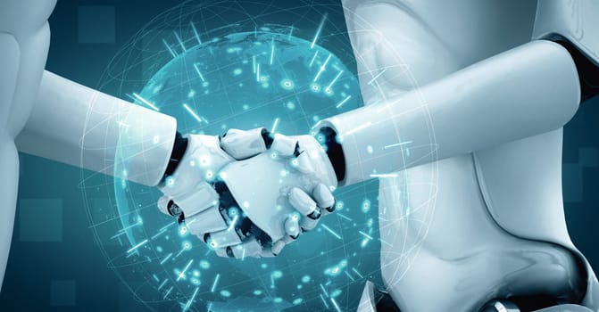 MLP 3d illustration hominoid robot handshake to collaborate future technology development by AI thinking brain, artificial intelligence and machine learning process for 4th industrial revolution.