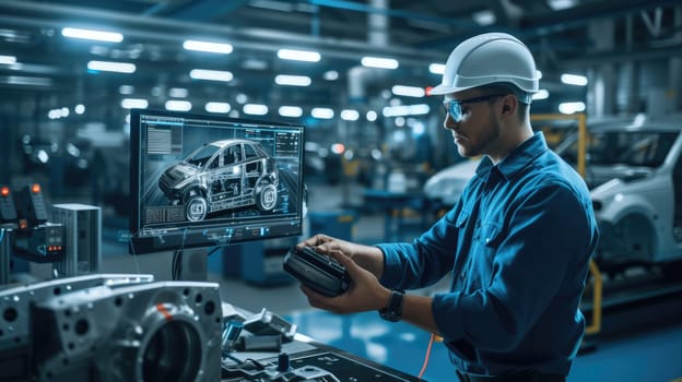 Smart industrial worker working and checking mechanic parts at production line in factory by using innovation technology with blurring background. Skilled engineer inspecting product quality. AIG42.