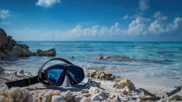 A pair of scuba diving goggles lay on the sandy beach, with azure waters and blue skies creating a picturesque natural landscape. Vision care eyewear for underwater adventures AIG50