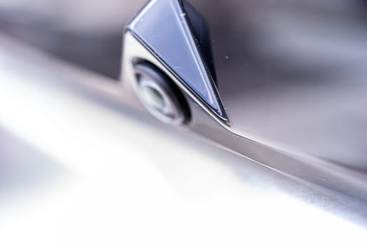 Denver, Colorado, USA-May 5, 2024-This image features a close-up view of the rear camera on a Tesla Cybertruck, highlighting the sleek, triangular design and the integration into the vehicle exterior.