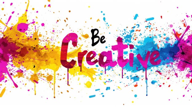 Letter of be creative in variant texture with splashing or stained colorful color with white background. Picture of lettering of be creative was painted or written by watercolor in art lesson. AIG42.