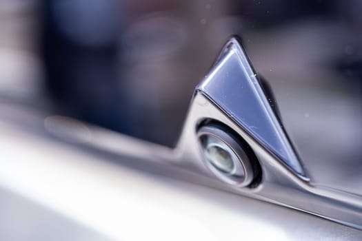 Denver, Colorado, USA-May 5, 2024-This image features a close-up view of the rear camera on a Tesla Cybertruck, highlighting the sleek, triangular design and the integration into the vehicle exterior.