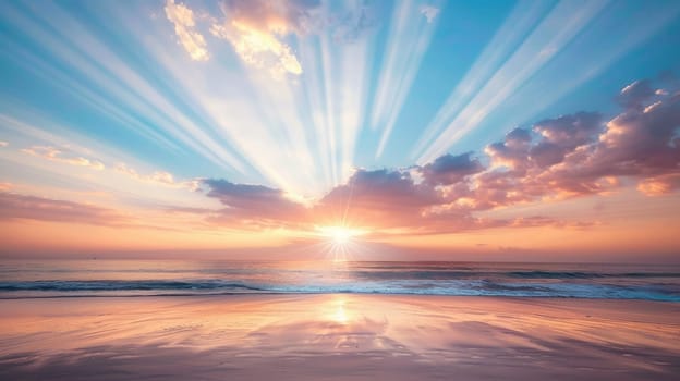 The suns rays pierce through the cumulus clouds above the ocean, creating a stunning natural landscape of light and shadows on the waters surface AIG50
