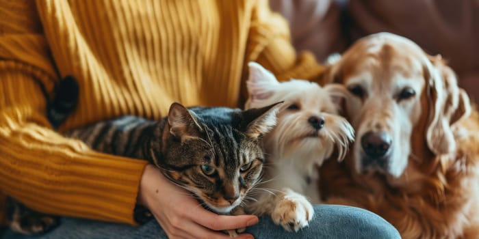 A tabby cat and a golden retriever and a white dog sitting on a couch with a person AIG51A.