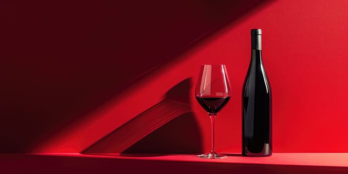 A bottle and glass of red wine on a red background. AIG51A.