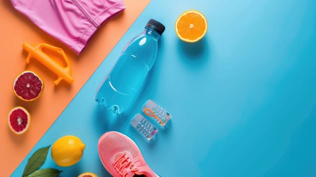 A variety of colorful fruits and vegetables are displayed on the azure table. These products are vibrant and fresh ingredients for delicious cuisine AIG50