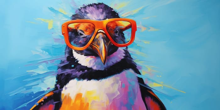 A colorful painting of a penguin wearing sunglasses. AIG51A.