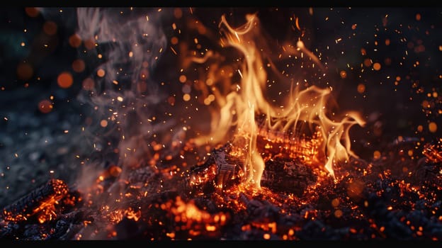 A close-up of lively flames and embers from a summer bonfire. AIG50