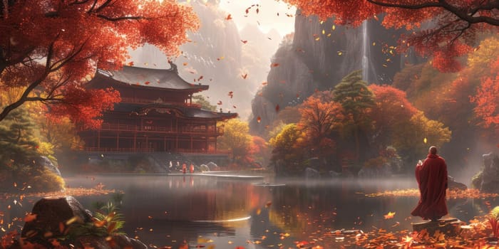A monk contemplates beside a lake with autumn leaves and a temple backdrop. Resplendent.