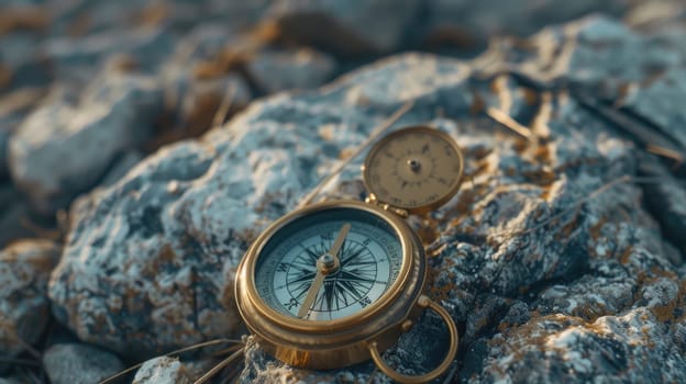 A compass rests on a stack of rocks amid natural materials like soil and wood. The electric blue water surrounds the landscape, home to marine biology like molluscs in the circle of life AIG50
