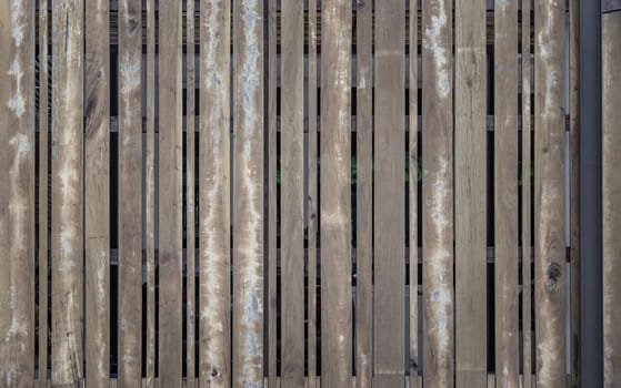 Textural background of wooden panels an old fence with a clear pattern of wood. A row evenly spaced rough brown timber planks used as a garden fence, Old natural wooden plank background texture, Space for text, Selective focus.