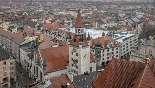 Munich, Germany - Dec 22, 2023 - Aerial view of Marienplatz and Old Town Hall (Altes Rathaus) of Munich. Marienplatz is the most important town square of Munich and is a pedestrian zone. Space for text, Selective focus.